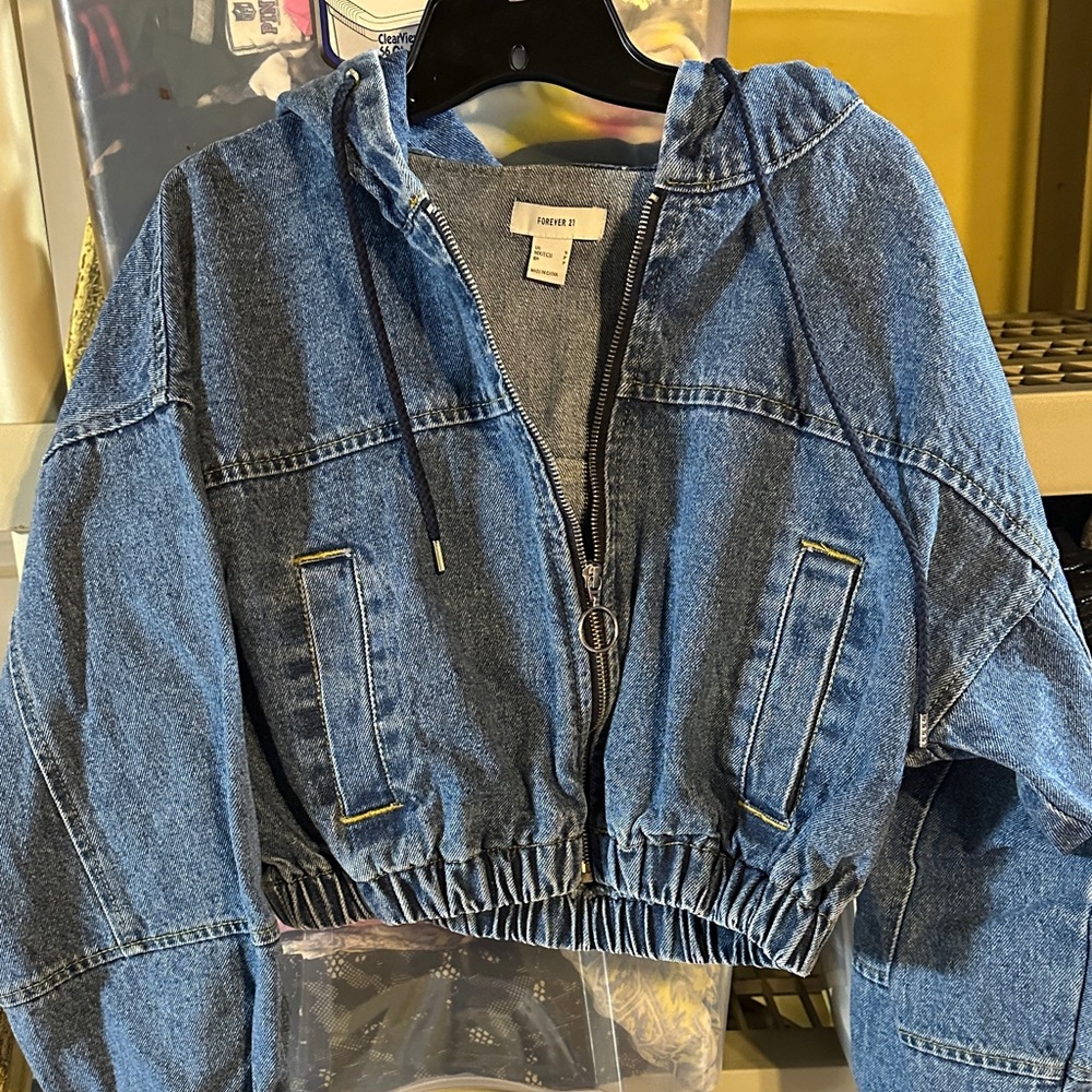 Forever 21 Blue Denim Jacket s bomber w/ hood